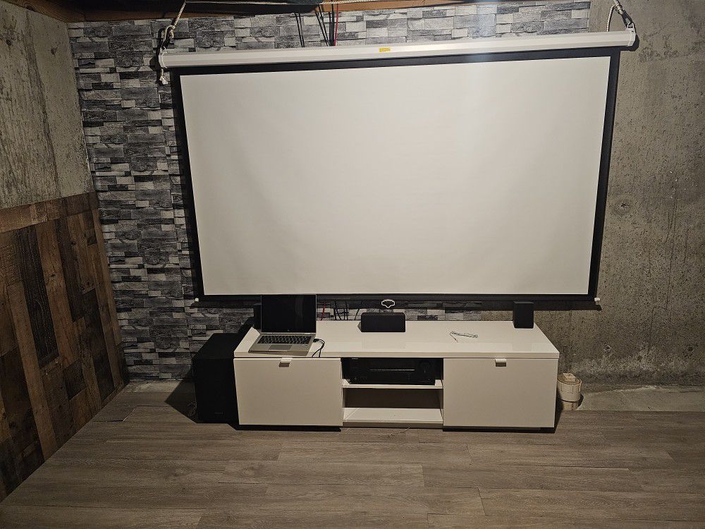 Home Theater Setup: Projector + Sound System + Recliners + 100 inch Screen
