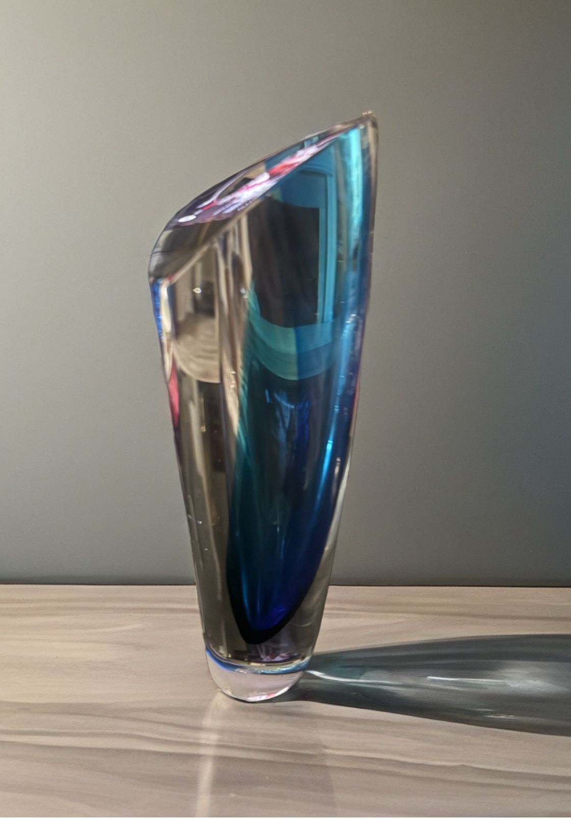 Kosta Boda Goran Warff Signed Clear & Blue 10.5" tall Art Deco Glass Vase 49809