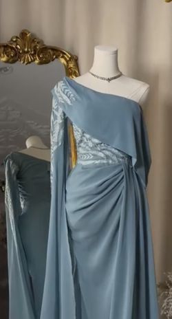 Blue Off Shoulder Long Sleeve Bodycon Evening Gown Dress