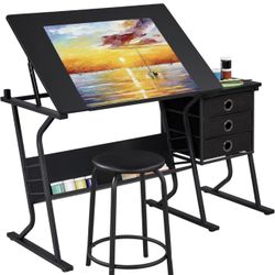 Drafting Table for Adults/Artists, Drawing Desk, Tabletop Adjustable Art/Craft Desk with Stool and 3 Slide Drawers, Sketching Painting Artwork Station