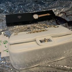 White Handbag, Sunglasses and Quartz Watch Bundle