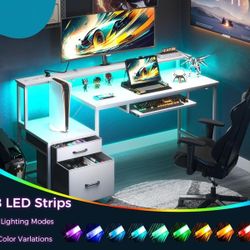 White 54" Computer Gamer Desk with LED, Reversible Shelf and Integrated Outlet/USB Charging Station. New. 
