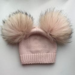 Manière New York Pink Wool Beanie with Double Real Raccoon Fur Poms