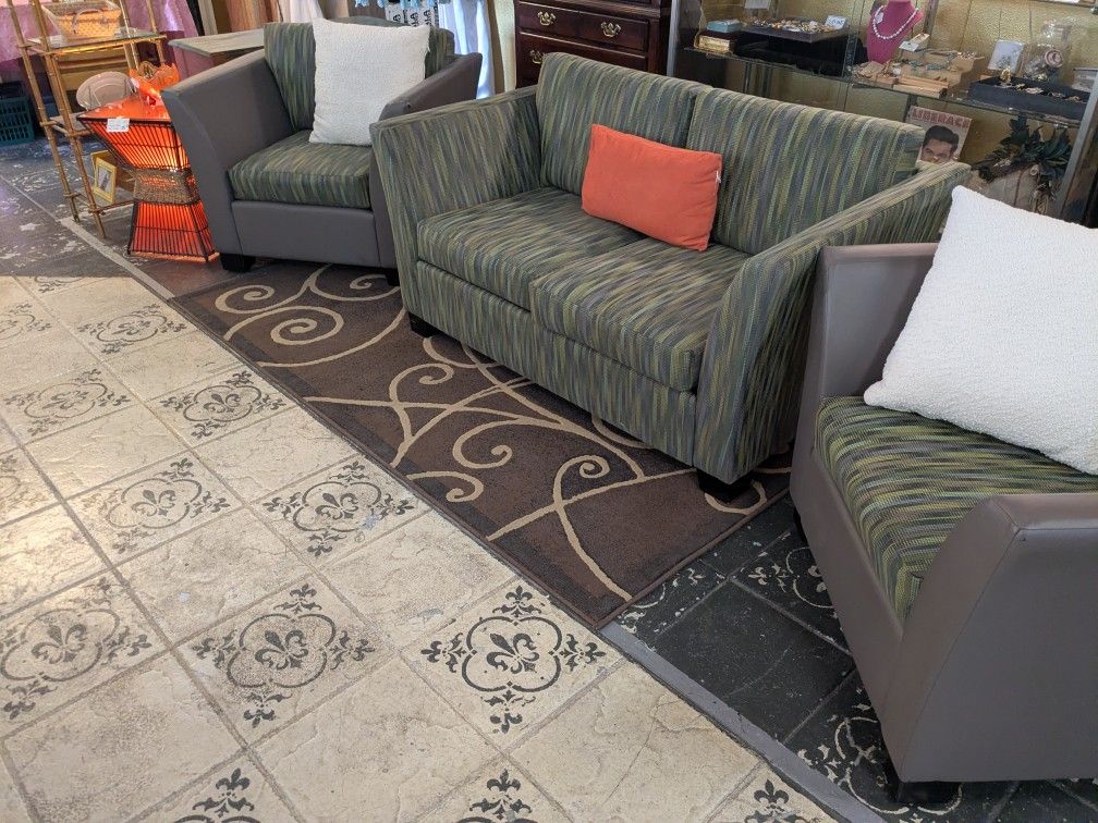 Three-Piece Faux Gray Leather And Green Couch Set Table Not Included Has A Couple Of Scuffs On The Arms