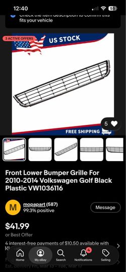 VW Golf Front Lower Bumper Grille 2010-2014