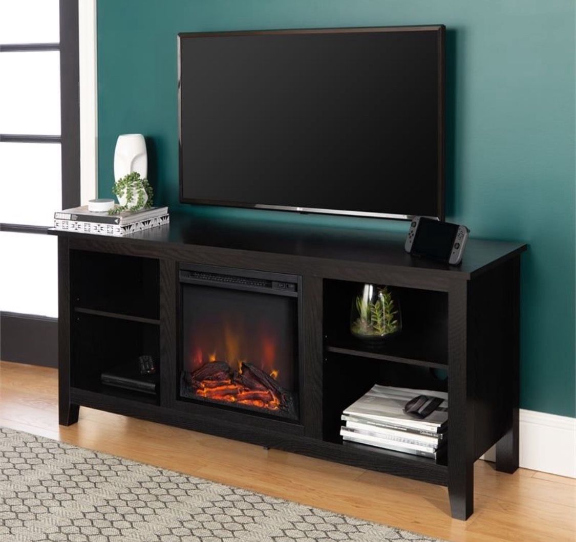 New Black 58” Electric Fireplace TV Stand Storage Console