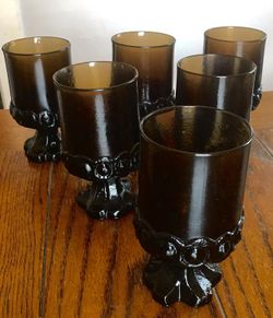 6 Vintage amber brown footed glasses