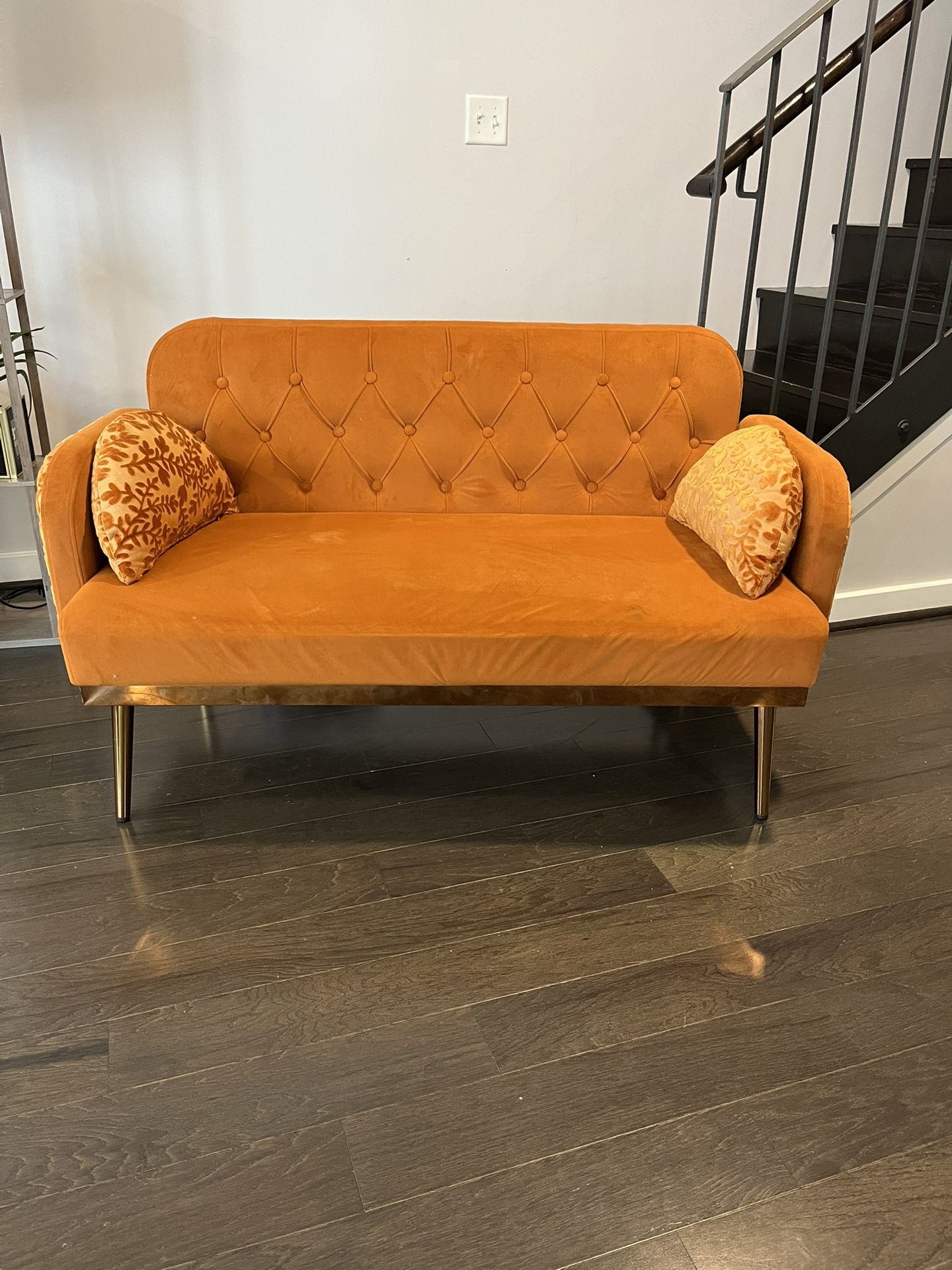 Mid-Century Modern Tufted Loveseat Sofa – Burnt Orange Velvet