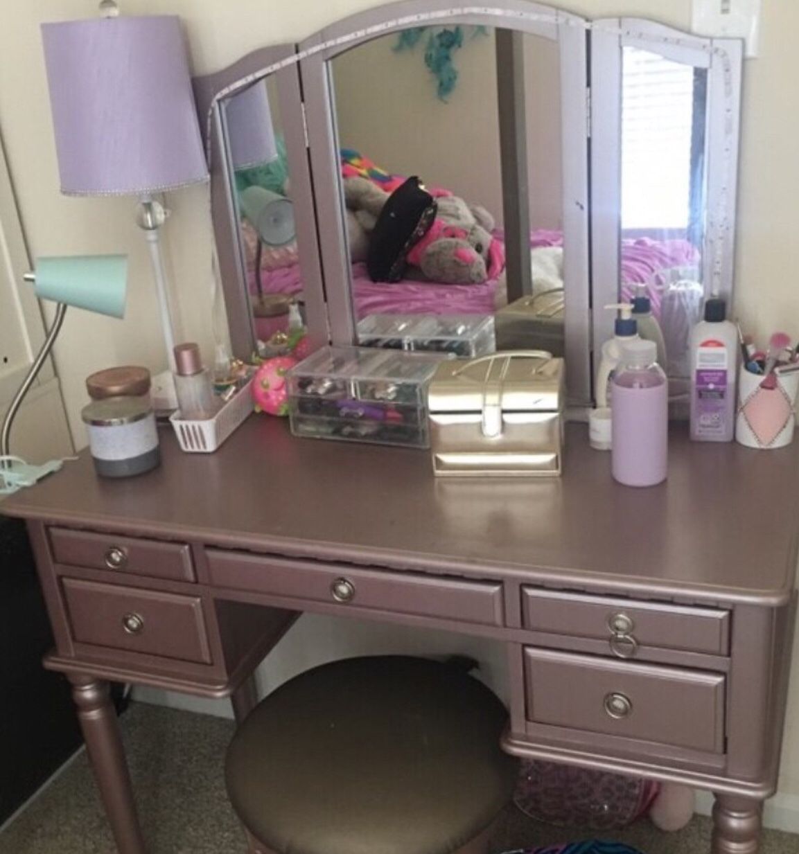 Rose/pink gold makeup vanity desk and folding mirror