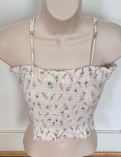 Timing Y2K white floral smocked spaghetti straps crop top, size S