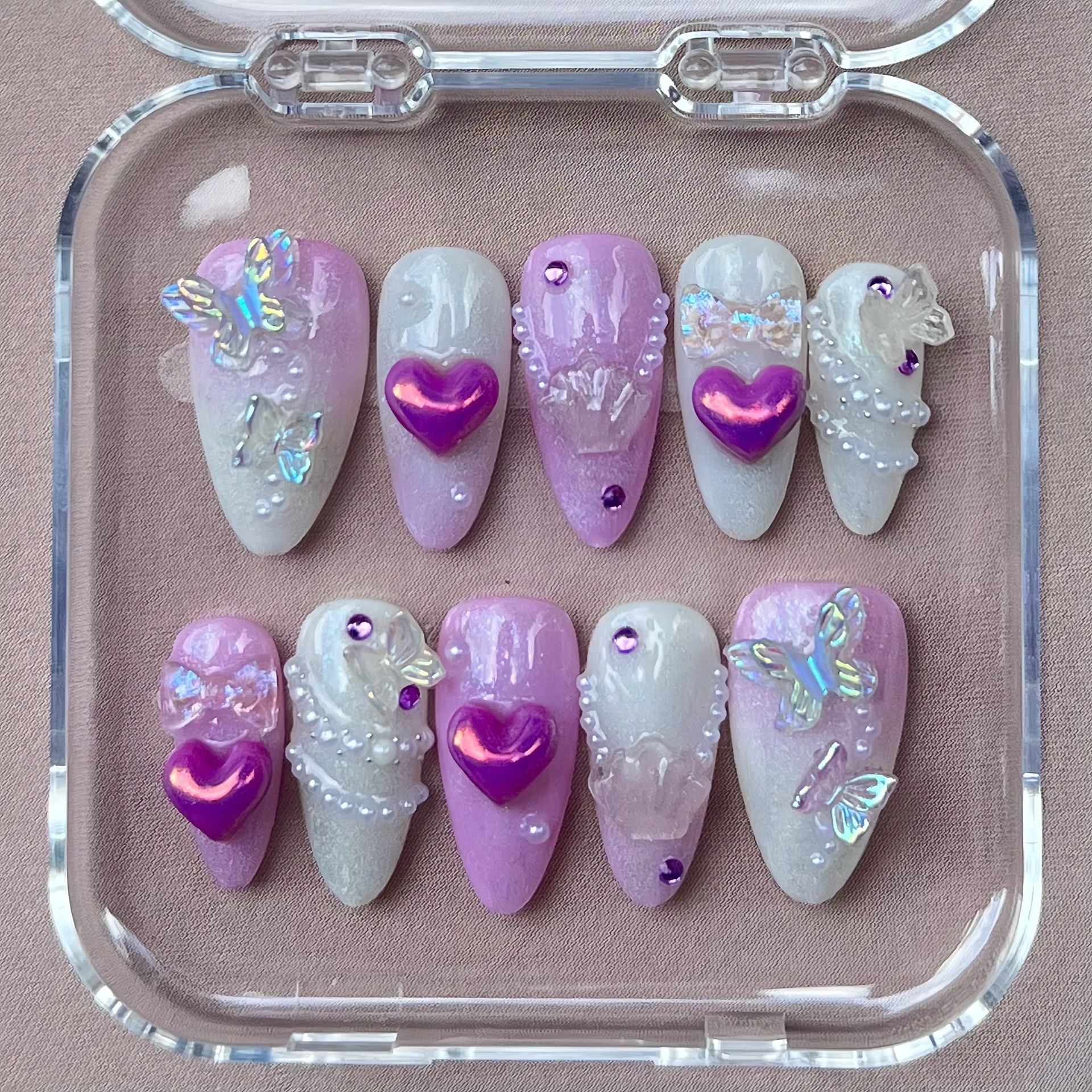Lavender Fairycore Press-On Nails | Chrome Hearts & Butterfly Charms
