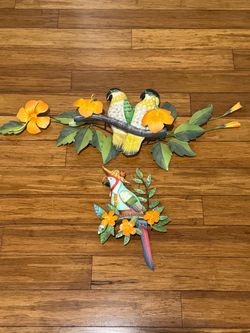 Colorful Tropical Parrot Wood and Metal Wall Decor Set