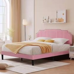 Upholstered Bed Pink Metal+Wood Frame Queen Platform Bed with Tufted Adjustable Headboard