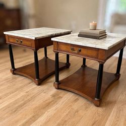 Antique Pair of Neoclassical Style Marble Top End Tables / Nightstands with Drawer
