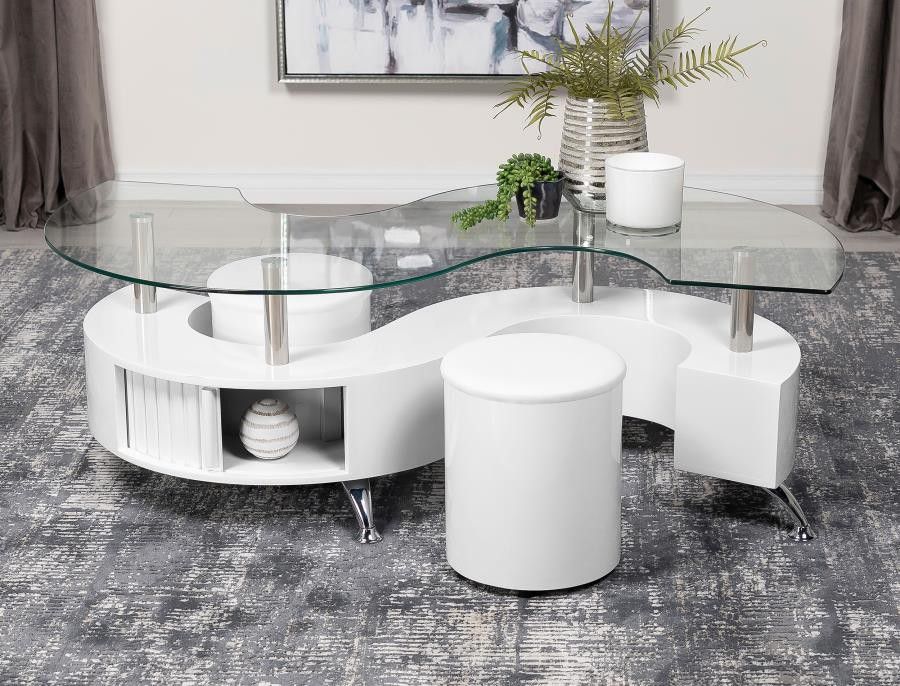 🦋NEW‼️Curved Glass Top Coffee Table With Stools White High Gloss💥