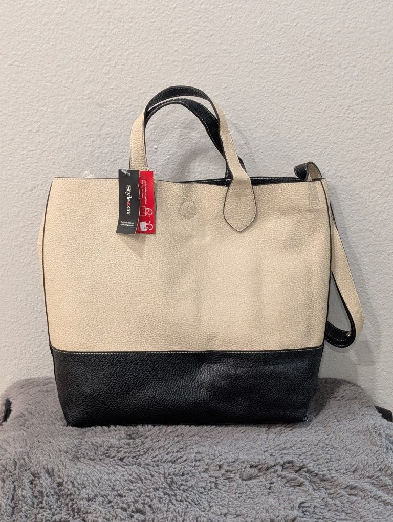 Style Co. Women's Tote Bag Clean Cut Reversible Large Handbag Black/Ivory