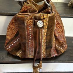 Raviani Rare Brown Mixed Fur Leather Reptile Print Bucket Bag Swarovski Crystals