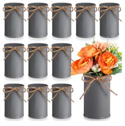 4.33 Inch Mini Vase Wedding Table Centerpieces,Gray,12 Pcs Ribbed Metal Texture, Twine Bow Detail, Compact Round Profile, Multiple Color and Pack Opti