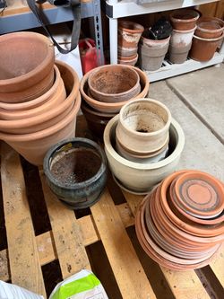 Large Lot of Mixed Garden Pots and Saucers