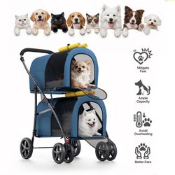 4 in 1 Double Pet Stroller, Foldable Cat Stroller for 2 Cats/Dogs with Detachable Carrier Bags & Rear Brakes, Navy Blue/Yellow