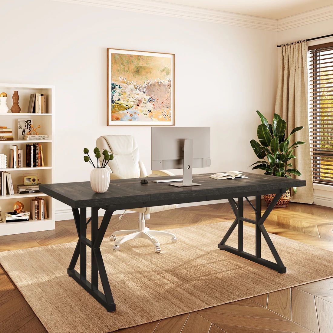 Capen 70.8 in. Rectangular Brown and Black Engineered Wood Executive Desk Computer Desk Conference Table for Home Office