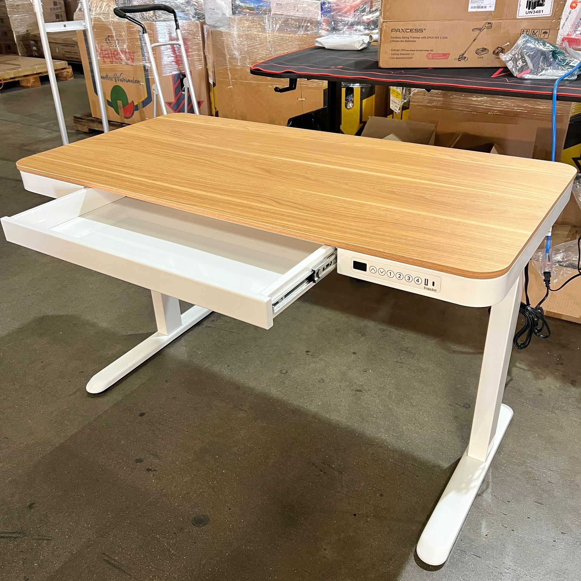 NEW IN BOX 48” Electric Sit and Stand Office Desk with a Drawer, Charging Ports and Memory Preset Functions