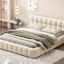 Elegant Queen Size Upholstered Platform Bed Grounded Bed with Thick Fabric and Solid Frame,Linen Floor Bed for Kids Adults Bedroom Furniture (Beige/Gr