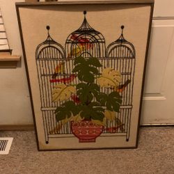Large Vintage/MCM Fabric Cross Stitch Picture Monstera With Birds In Cage - Needs New Framing And Small Stain In The Bottom Left Corner