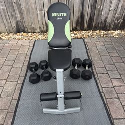 2 Sets of Dumbbells. 30lbs & 35 lbs with workout bench. Everything in pics is included for the price