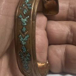 Signed Nakai Navajo Turquoise Inlaid Cooper Bracelet