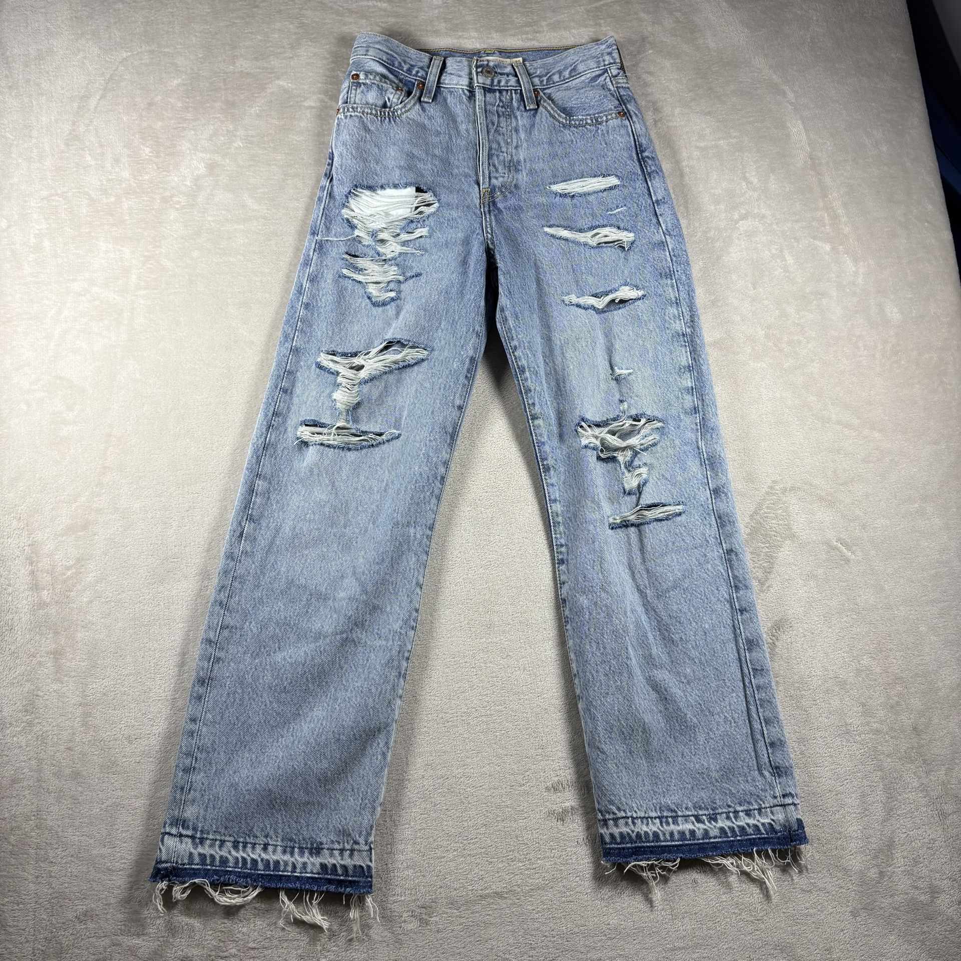 Levi’s Women’s 25 Blue Ribcage Straight Ankle Jeans Premium Distressed #2747