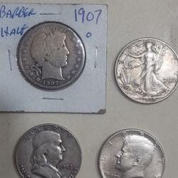 Nice Starter Collection Of 90% Silver Half Dollars 4 Different From 1907 To 1964