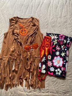Hippie Costume for Girls, Size M/8. Includes a fringed vest, patterned pants, and accessories