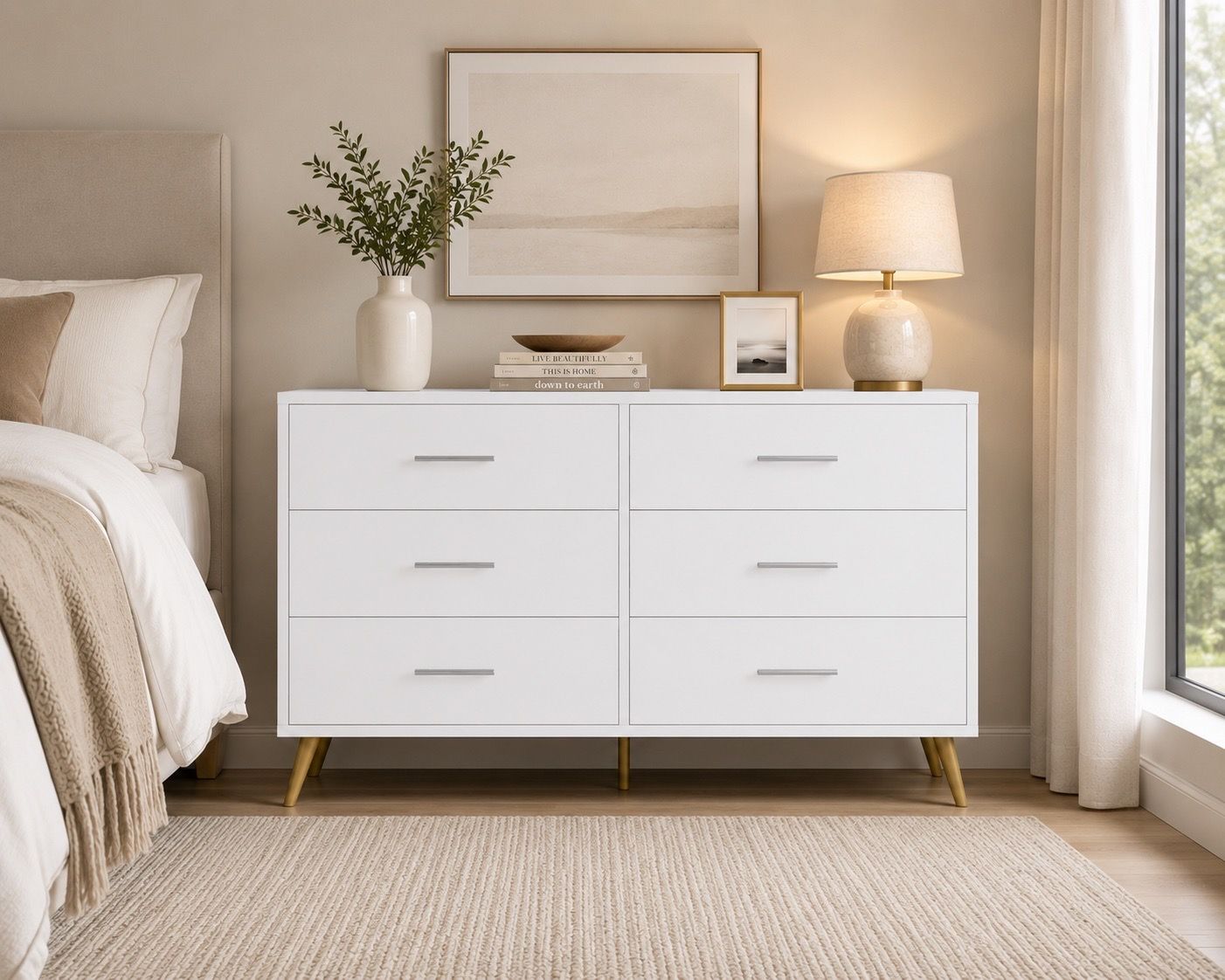 New Modern 6 Drawers Dresser for Bedroom, Dressers & Chests of Drawers for Clothes Storage, Wood Dresser for Closet with 6 Drawers, Wide Long Clothes
