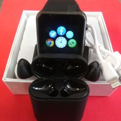 A-Series Midnight Black Smart Watch + 5.0  Wireless Auto Connect Wireless Earbuds 