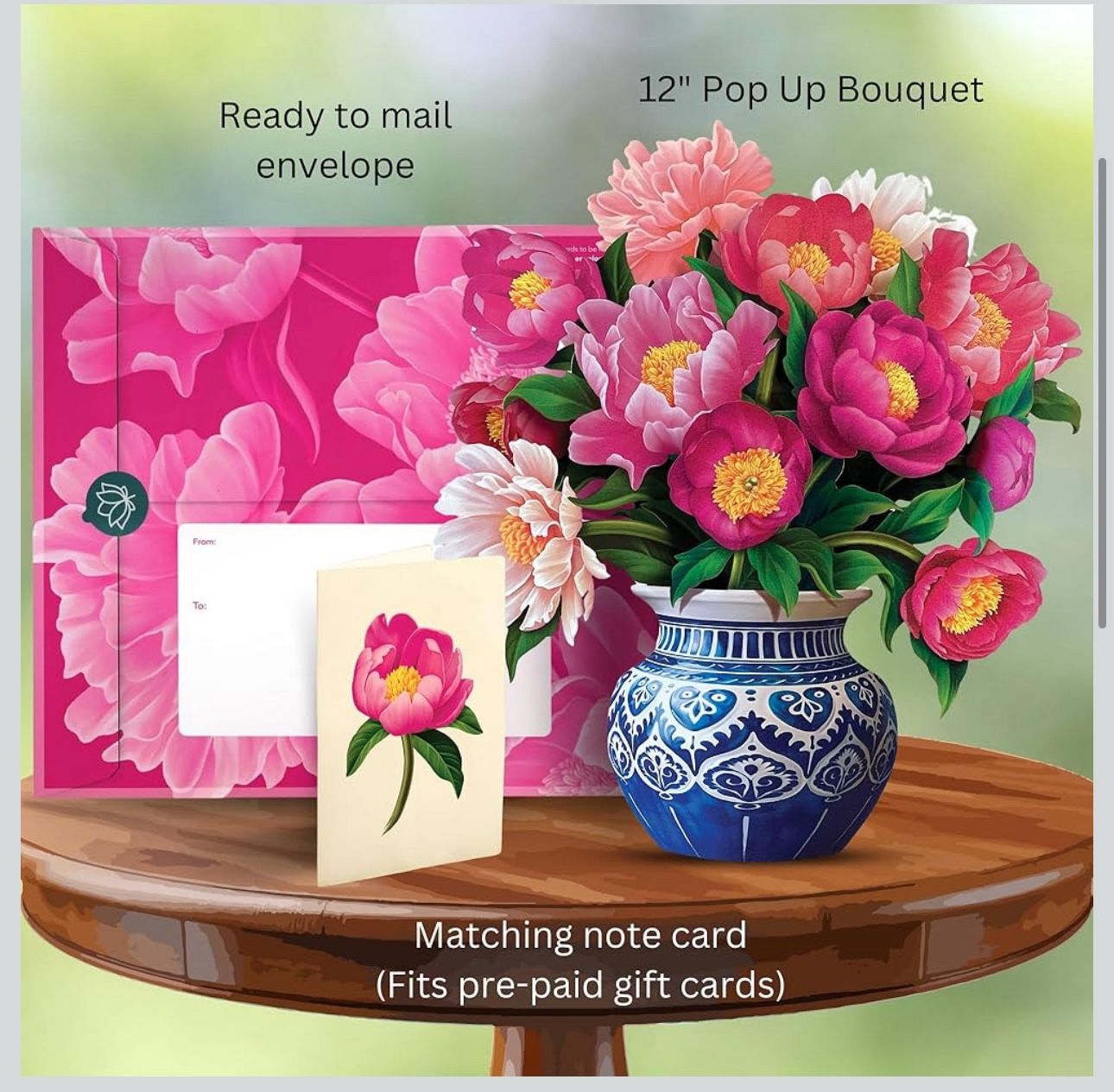 New Freshcut Paper Pop Up Cards, Peony Paradise, 12 Inch Life Sized Forever Flower Bouquet 3D Popup Greeting Card, Birthday Cards, Thank You Card, Bla