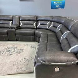 Contemporary Gray Leather Power Reclining Sectional Couch 