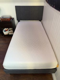Twin Bed Frame with Upholstered Headboard and Simmons Mattress