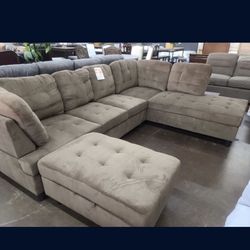 COSTCO Beige Chenille Sectional Couch And Ottoman