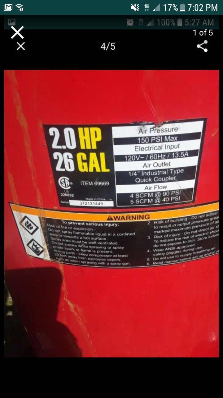 Central Pneumatic 26 Gallon 2HP 150PSI Air Compressor Tank Model#69669