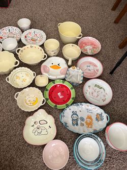 diverse collection of colorful ceramics tableware