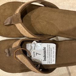 INDOSOLE TAN BROWN BURLAP FLATS SUEDE SANDALS SLIPPERS SIZE 7  NEW IN BOX HANDMADE IN BALI INDIA