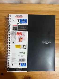 Five Star Spiral Notebook + Study App, 3 Subject, College Ruled Paper, Fights Ink Bleed, Water Resistant Cover, 8-1/2" x 11", 150 Sheets, Black (72069