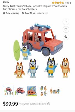 Bluey 4WD Family Vehicle 2 pieces , Includes 10 Figures, 2 Surfboards, 1 scooter 2 helmets.
