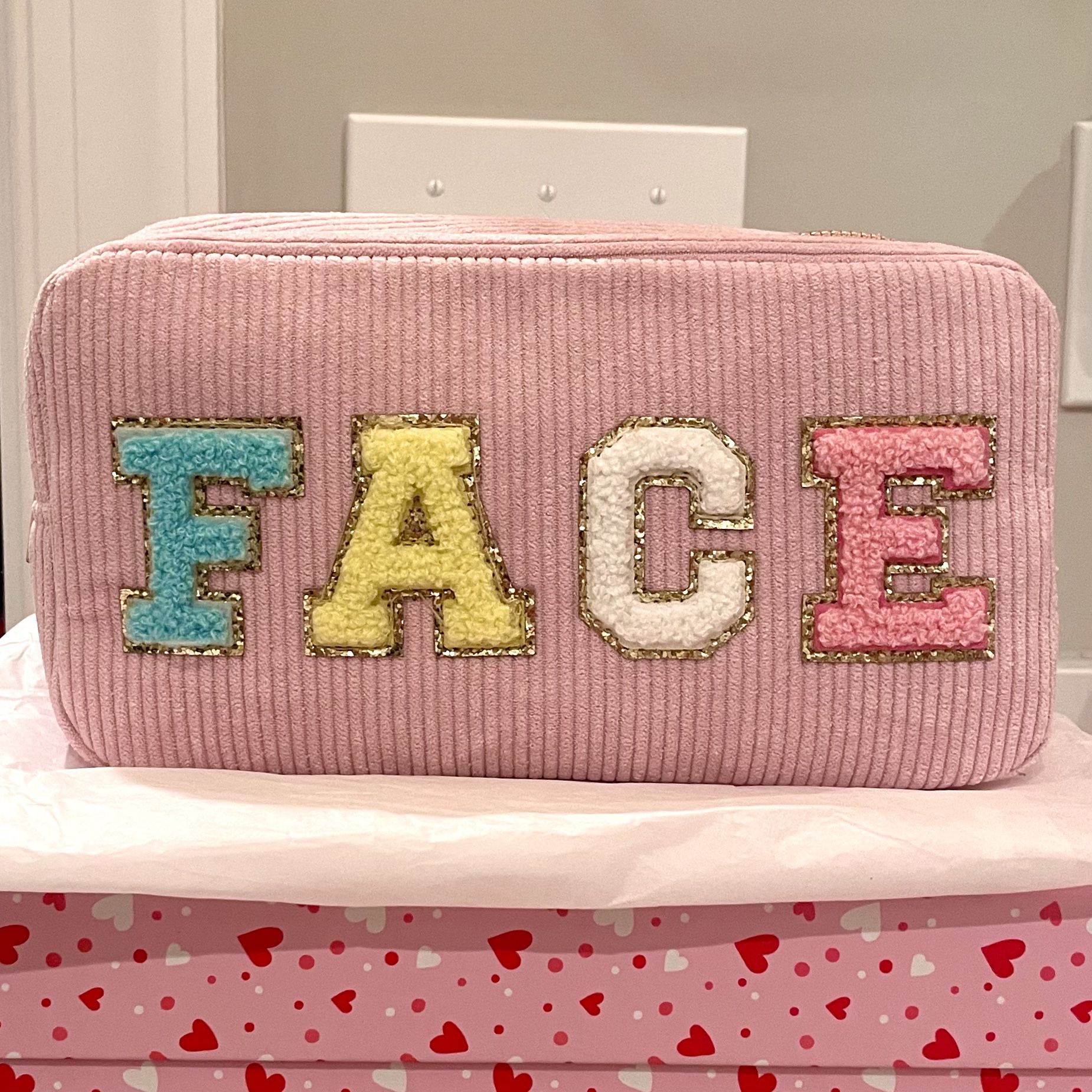 NWOT Chenille Patch Letters FACE Corduroy Makeup Bag in Pink
