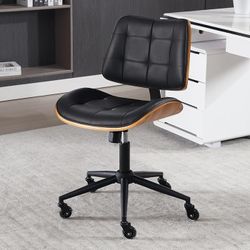 Home Office Desk Chair with Wheels, Adjustable Height Armless Office Chair, PU Leather Mid Back 360° Small Computer Chair, Modern Walnut Chair No Arms
