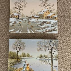 C. CARSON 8X10 OIL CANVAS PRINTS, CHILDREN FISHING + ICE SKATING SCENES, EXCELLENT CONDITION!