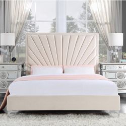King Size Beige Velvet Bed Frame