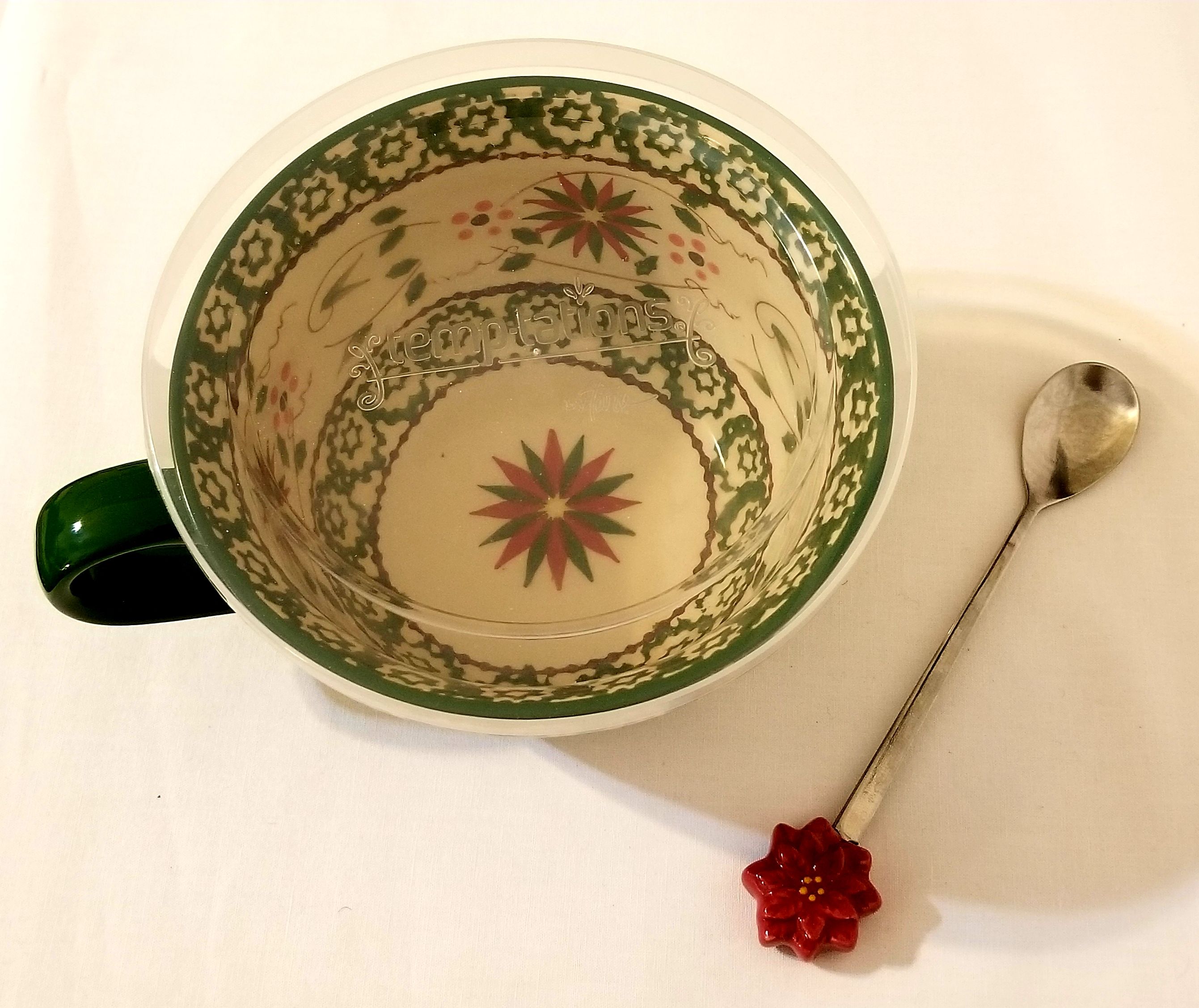 Temp-Tations Temptations Tara Old World 24oz Poinsettia Pattern Mug Bowl w/Lid & Spoon HTF
