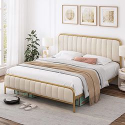 Queen Size Bed Frame with Button Tufted Headboard, Upholstered Heavy Duty Metal Mattress Foundation with Wooden Slats, Easy Assembly, No Box Spring Ne